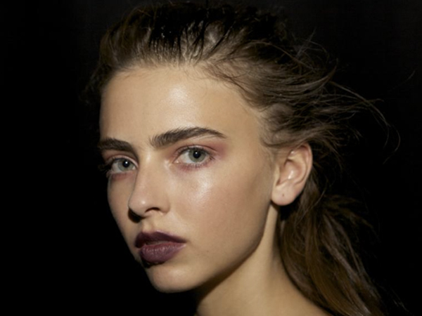Full, feathered brows and wine stained lips were a key trend at Jayson Brunsdon's show. (Source: Beauty Directory)
