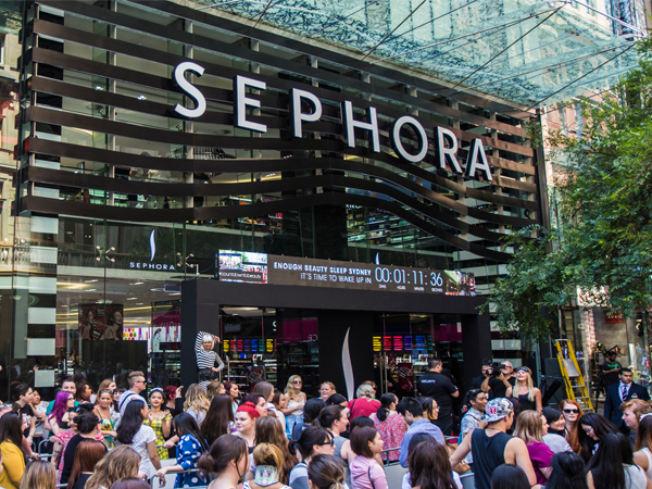 Crowds gather at Sephora's opening in Sydney's Pitt Street shopping district.