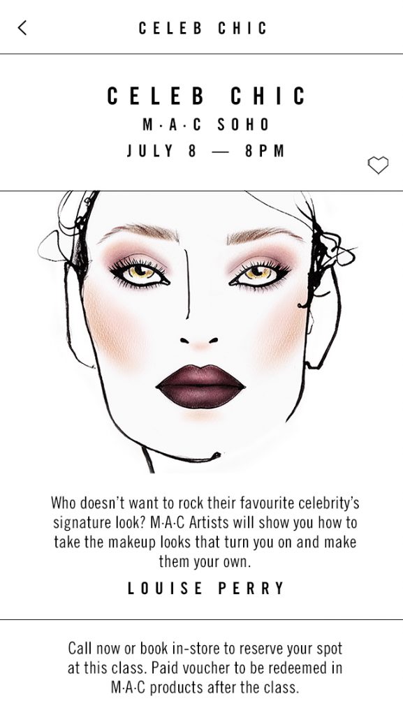 Once you have booked into a class, you will receive a professional face chart, like this one, in your app. At class, you can personalise it and take down all those light-bulb makeup moments.  