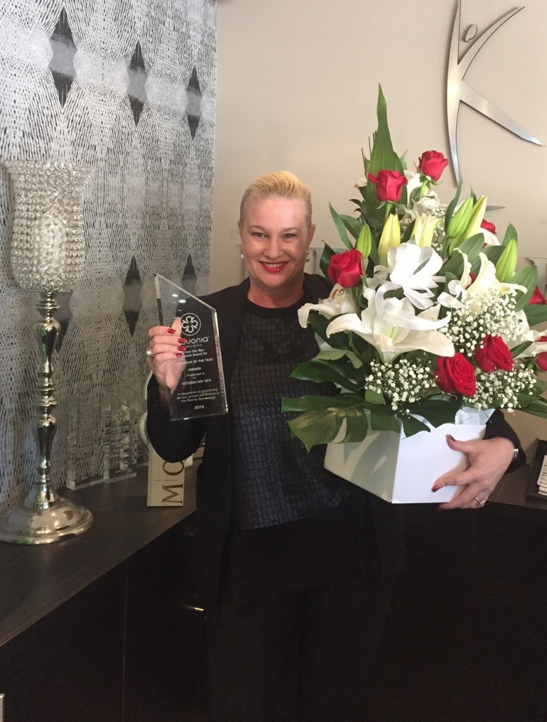 Jemma Stergio winning an award from Pevonia for Keturah Day Spa 