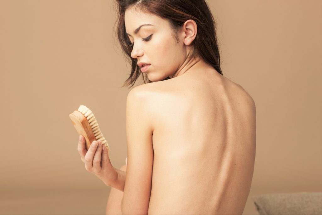 Body brushing is recommended on dry skin using a natural bristled brush, at least twice a week. 